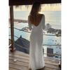 Sexy Women White Long Knit Sleeve Bikin Fashion Cover Up Female See-Through Deep V-Neck Hollow-Out Beach Knitwear Backless Dress