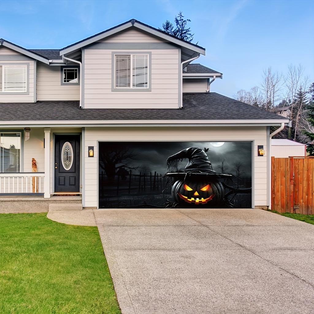 2D multi-purpose Halloween garage door flags, made of polyester, featuring ghost pumpkins and wizard hats design