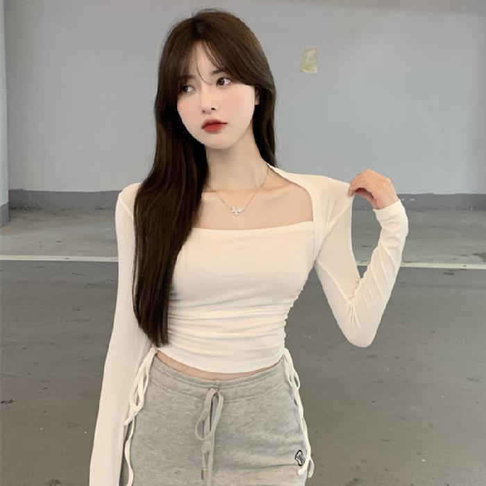 Elegant Square Collar Coffee Slim Fit Long Sleeve Top for Women - Trendy Drawstring Design for Spring & Autumn.