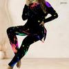 Women Plus Size Two Piece Set Round Neck Long Sleeve Colorful Splash Print Top And Long Pants
