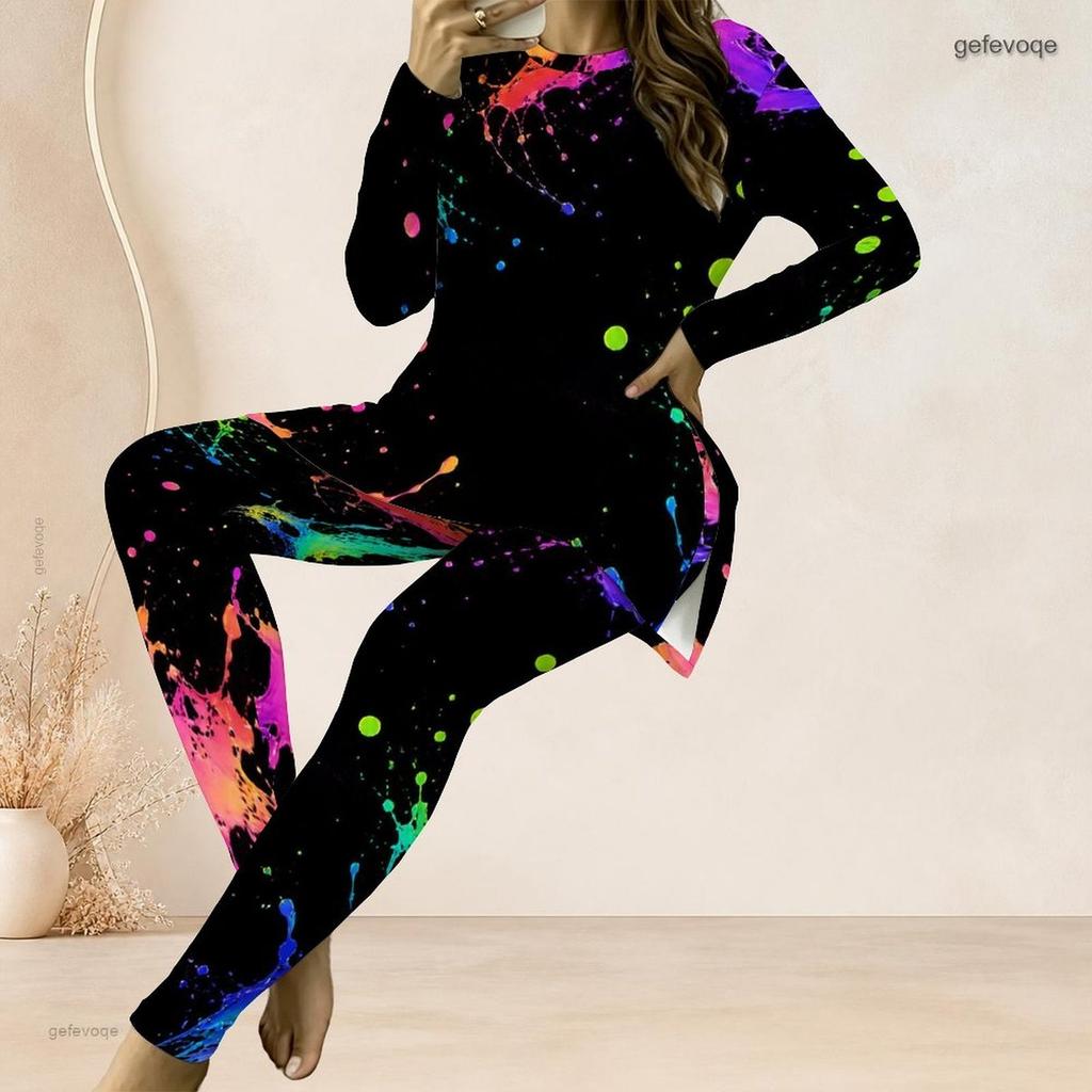 Women Plus Size Two Piece Set Round Neck Long Sleeve Colorful Splash Print Top And Long Pants