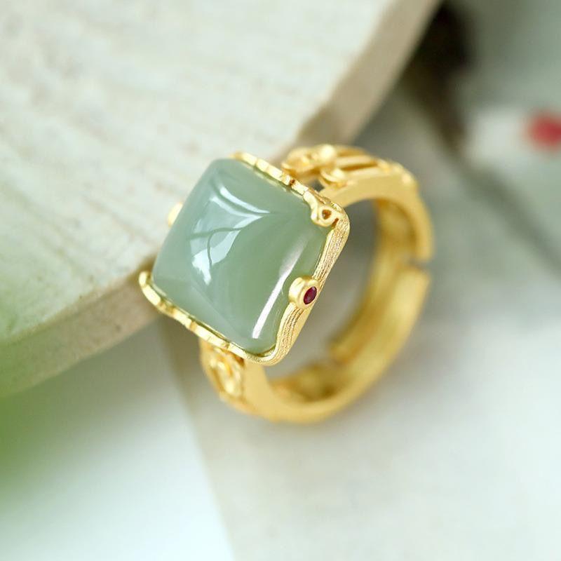 Three-Dimensional Design Natural Hetian Jade Square Open Ring Chinese Style Pattern Craft Light Luxury Women'S  Jewelry