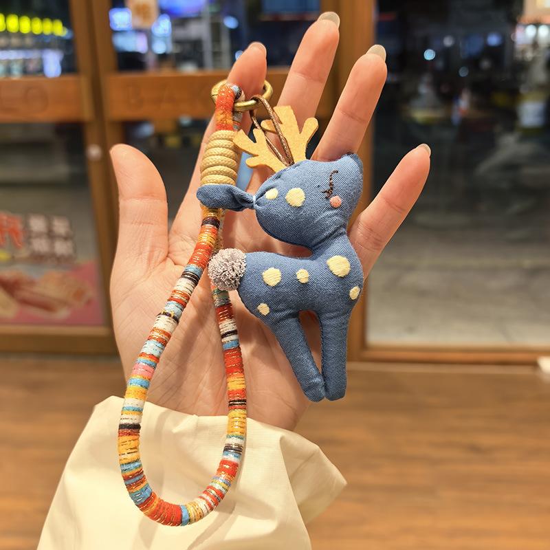 Cute Fabric Deer Bag Charm, Handmade Plush Deer Keychain with Colorful Braided Rope