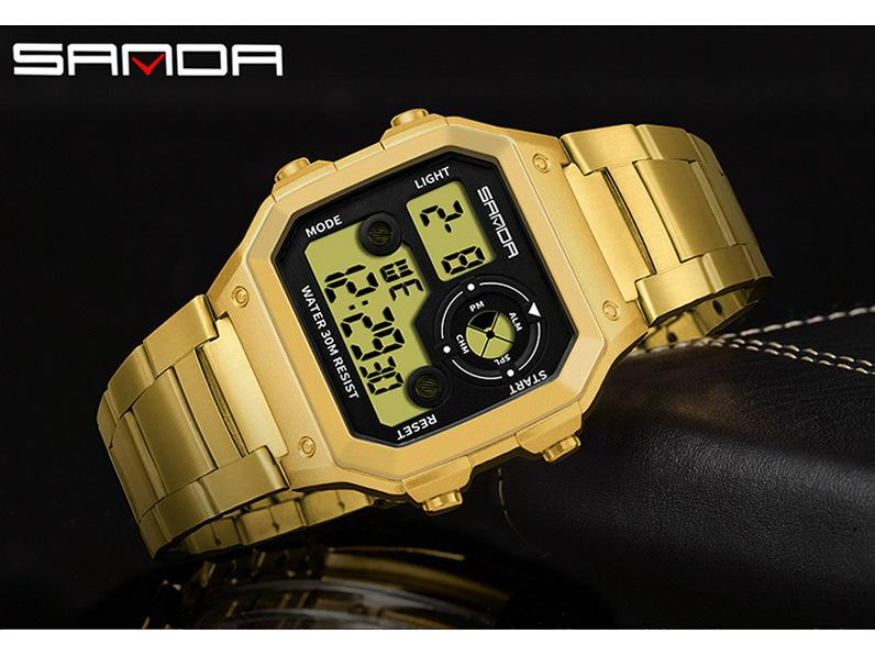 Sanda Men's Waterproof Multifunctional Digital Watch - Small Square, Steel Band