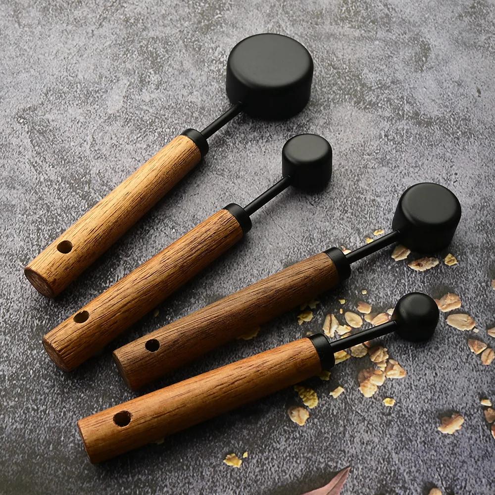 4/8Pcs Black Wooden Handle Stainless Steel Measuring Cups Spoons Baking Tools Coffee Bartending Scale Kitchen Accessories Set