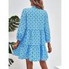 2026 V-neck Print A-line Women Dress Vintage Long Sleeve Ruffled Summer Short Dresses Lace-up Lady Casual Beach Boho Dress 28719