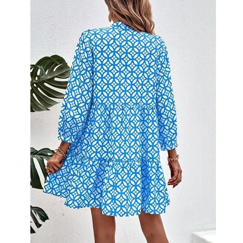 2026 V-neck Print A-line Women Dress Vintage Long Sleeve Ruffled Summer Short Dresses Lace-up Lady Casual Beach Boho Dress 28719