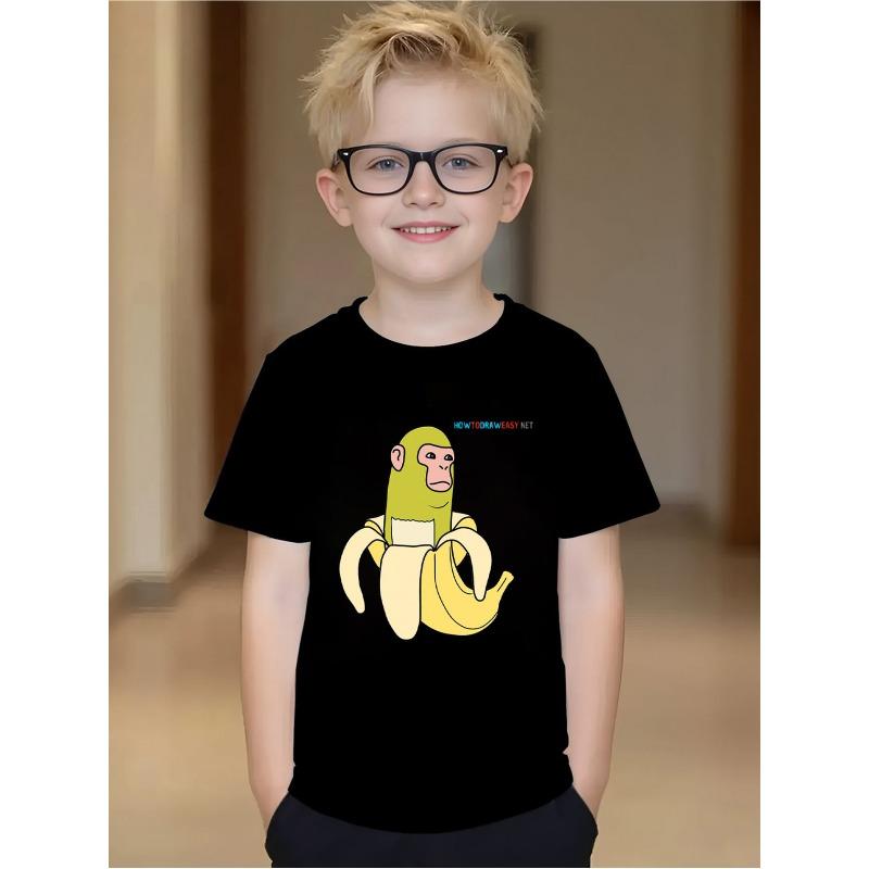 

European sizes Boys Summer T-Shirt Featuring a Banana Print, Designed for Casual Comfort with a Lightweight And Breathable Fabric 164cm чорний