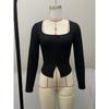 Women European Style Solid Color Square Neck Long Sleeve Slim Knit Bottoming Top