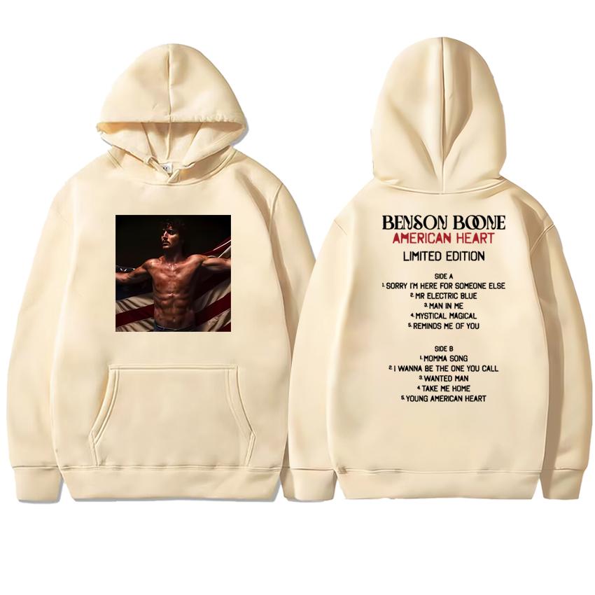 Singer Benson Boone American Heart 2025 New Album Double Sided Print Hoodies Unisex Vintage Sweatshirt Men Women Fleece Pullover