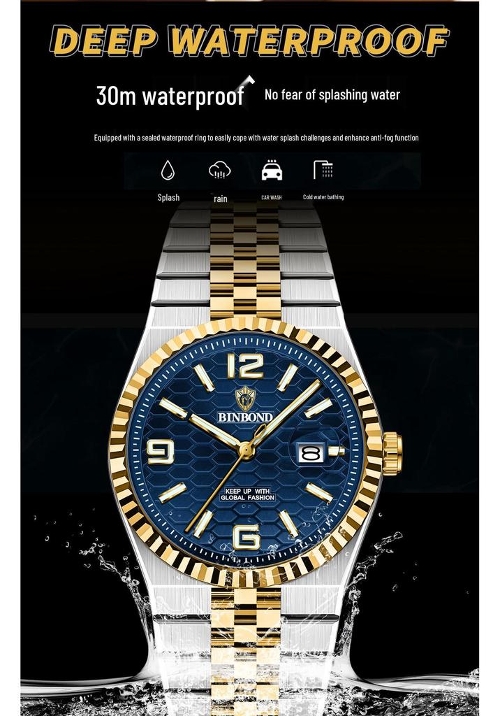 Binbang BINBOND Men's Luminous Waterproof Watch with Calendar and Large Dial