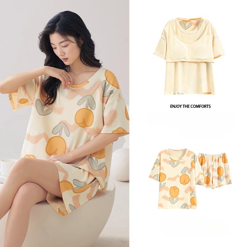 Pyjama Damen Sommer mit Kissen, süßen und niedlichen Shorts, kann außerhalb des kurzärmeligen Baumwollanzugs Homewear getragen werden