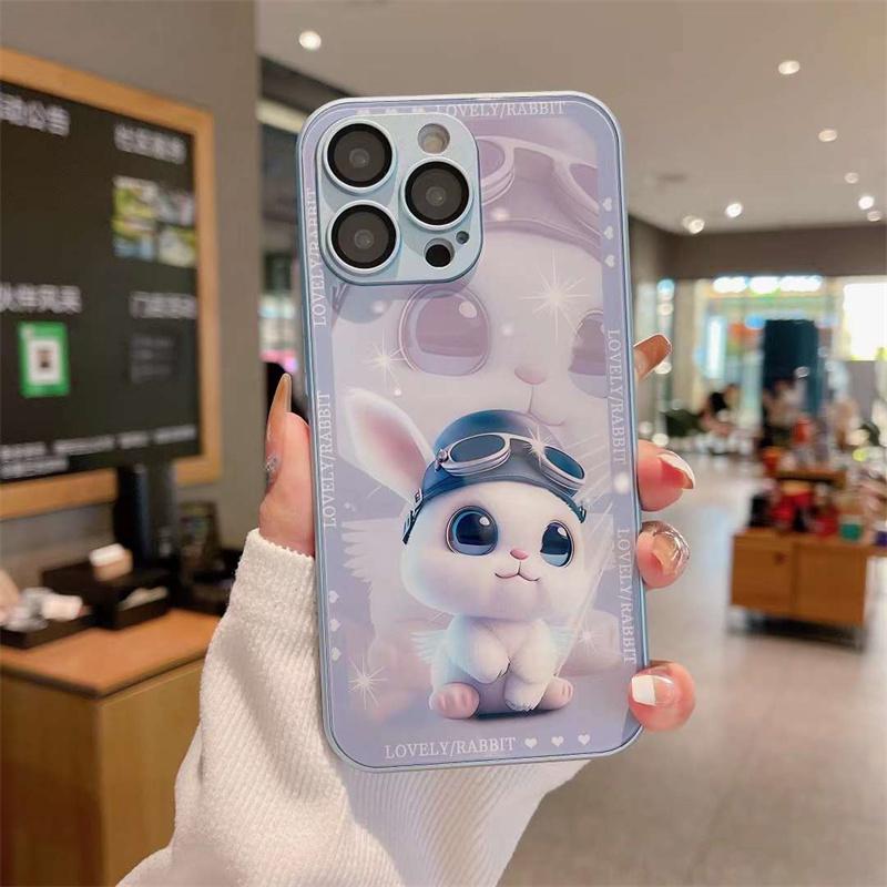 Cute Rabbit Metallic Paint Tempered Glass Phone Case For iPhone 15 14 13 12 11 Pro Max Shockproof Cover