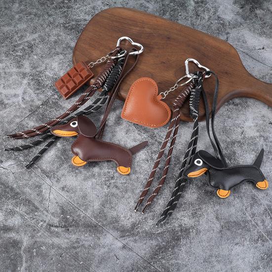 Dachshund Keychain Pendant Faux Leather Pendant, Cartoon Dog Hanging Decor with Braided Rope, Handbag Decorative Accessories Metal Carabiner Charm