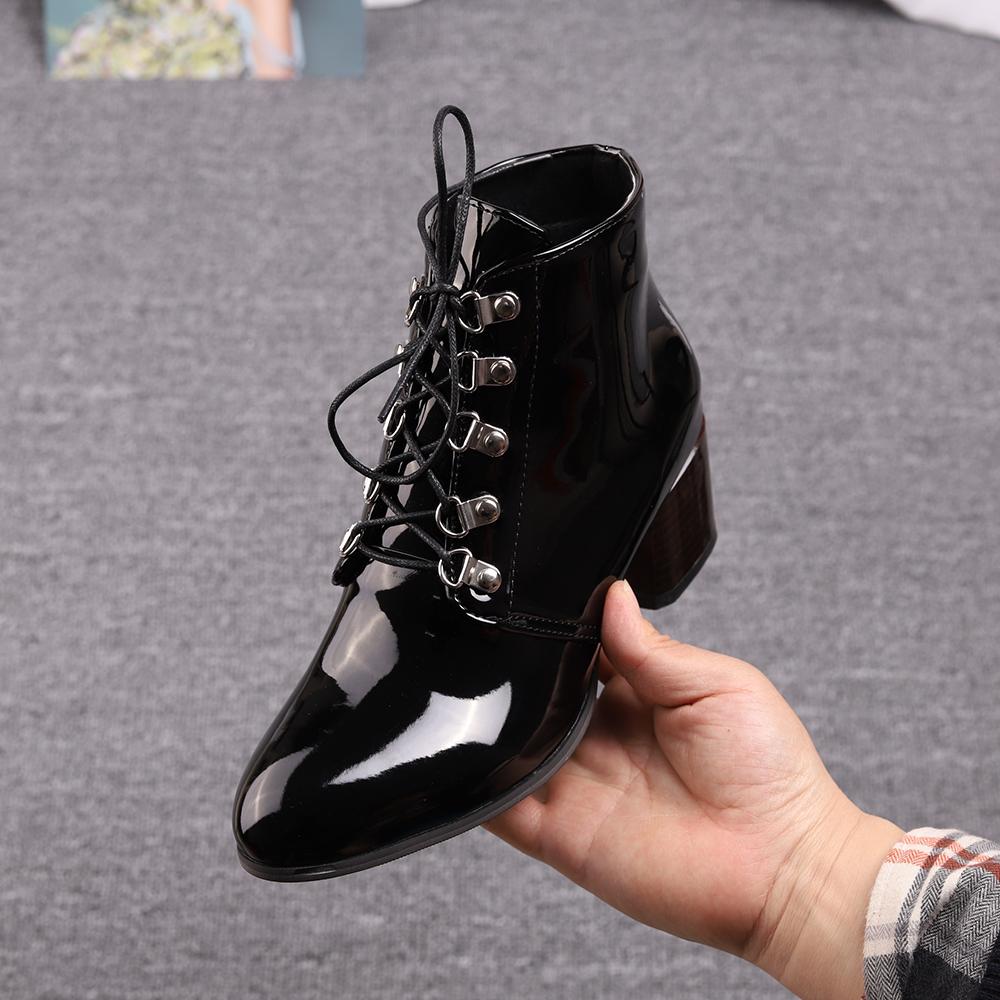 Fashion Spring Autumn New Arrival Fashion Shoes Women Boots Lace-up Patent Leather Ankle Boots Pointed Tick Heels Platform Boots Punk 43