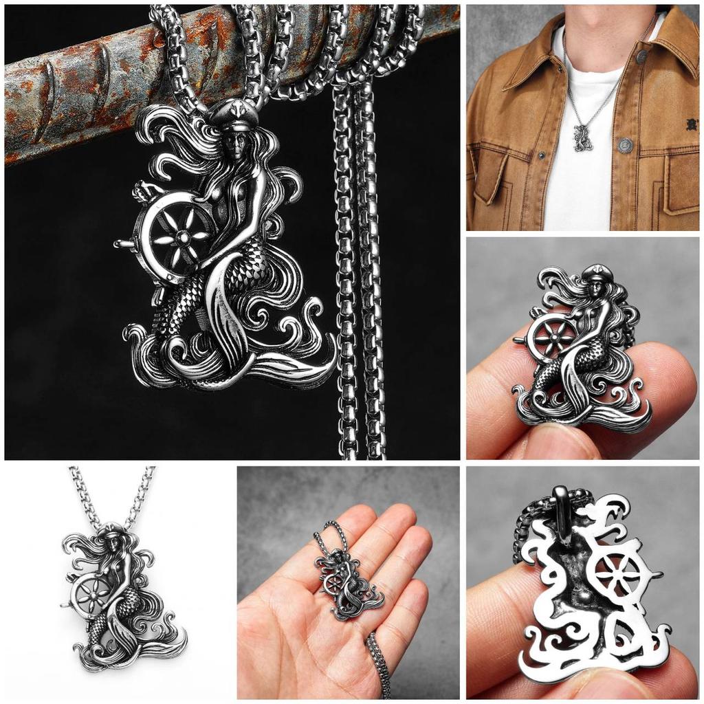 Vintage Retro Captain Mermaid Pendant Necklace Chain Unisex Men Women Fashion Gothic Amulet Talisman Jewelry Party Gift