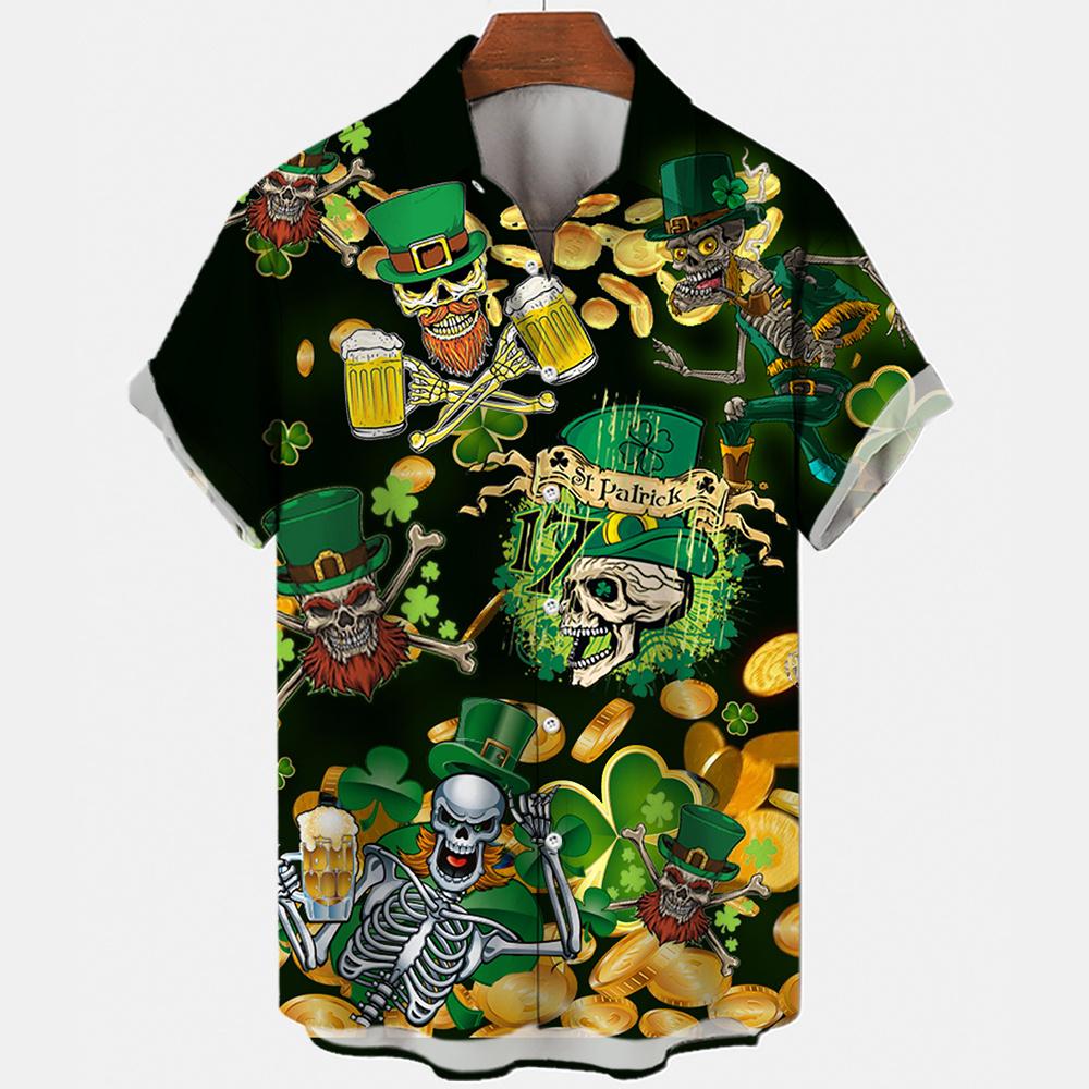 Hawaiian Beach Harajuku Shirts For Men 3D Print Beer Short Sleeve Tees Summer Vacation Style Single-Breasted Tops Lapel