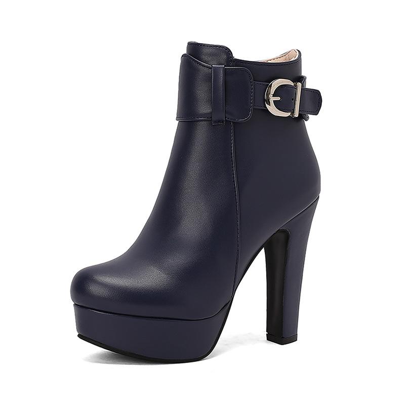 

Женские ботильоны на высоком каблуке с боковой молнией, осенне-зимние женские ботинки на платформе, модная обувь больших размеров, черные, бежевые, с пряжкой, короткие ботинки 37 синий