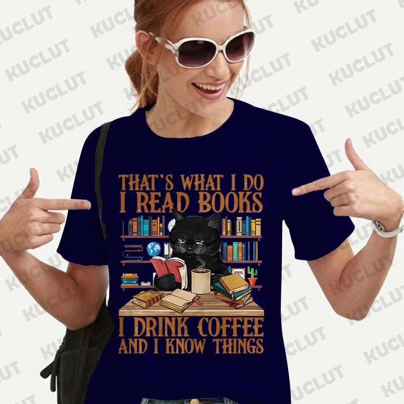 Hemden für Unisex-Kleidung Niedliche Katze Buch Shirt Das ist, was ich tue Ich lese Bücher Ich trinke Kaffee Grafik-T-Shirts Buchliebhaber T-Shirts Oberteile