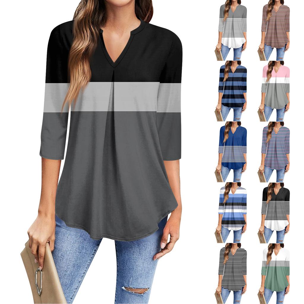 Dámské módní ležérní tričko s tříčtvrtečním rukávem, top s potiskem a výstřihem do V