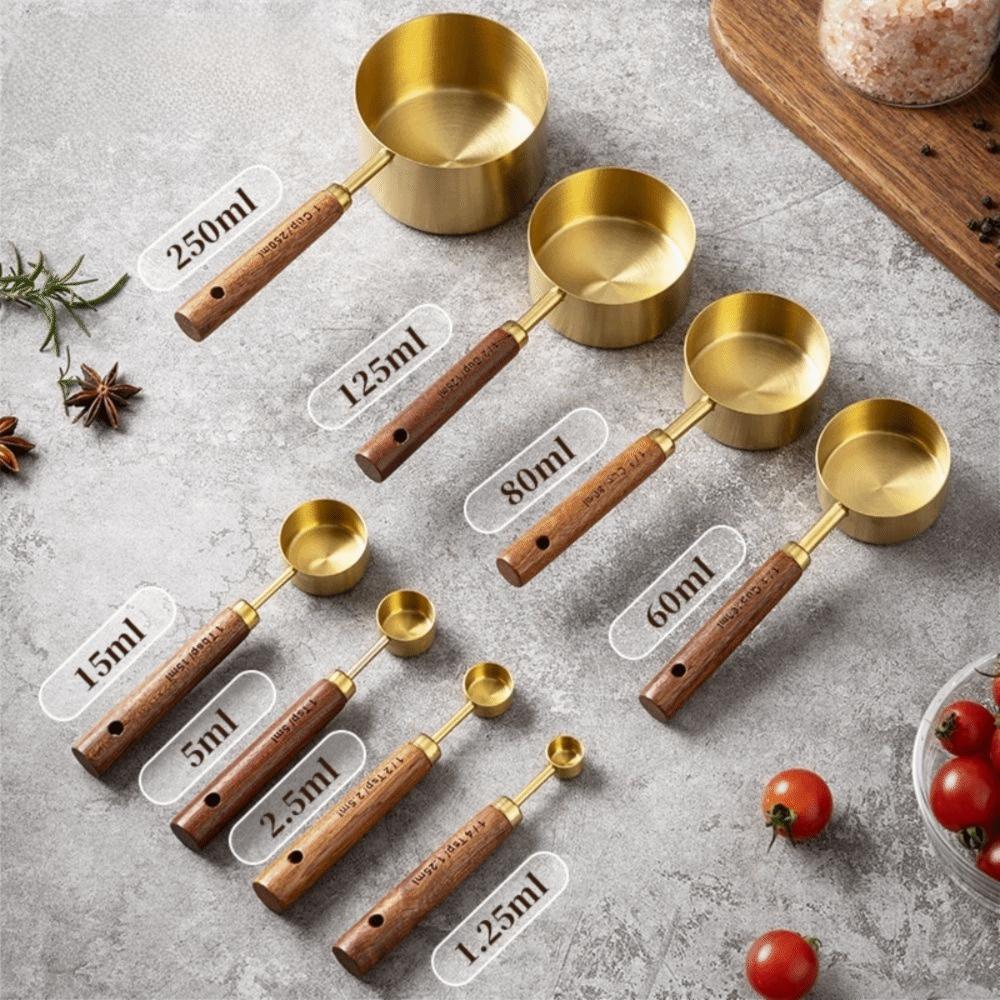 8Pcs Wooden Handle Measuring Spoon Set Gold Brown Baking Measuring Tool Home Kitchen