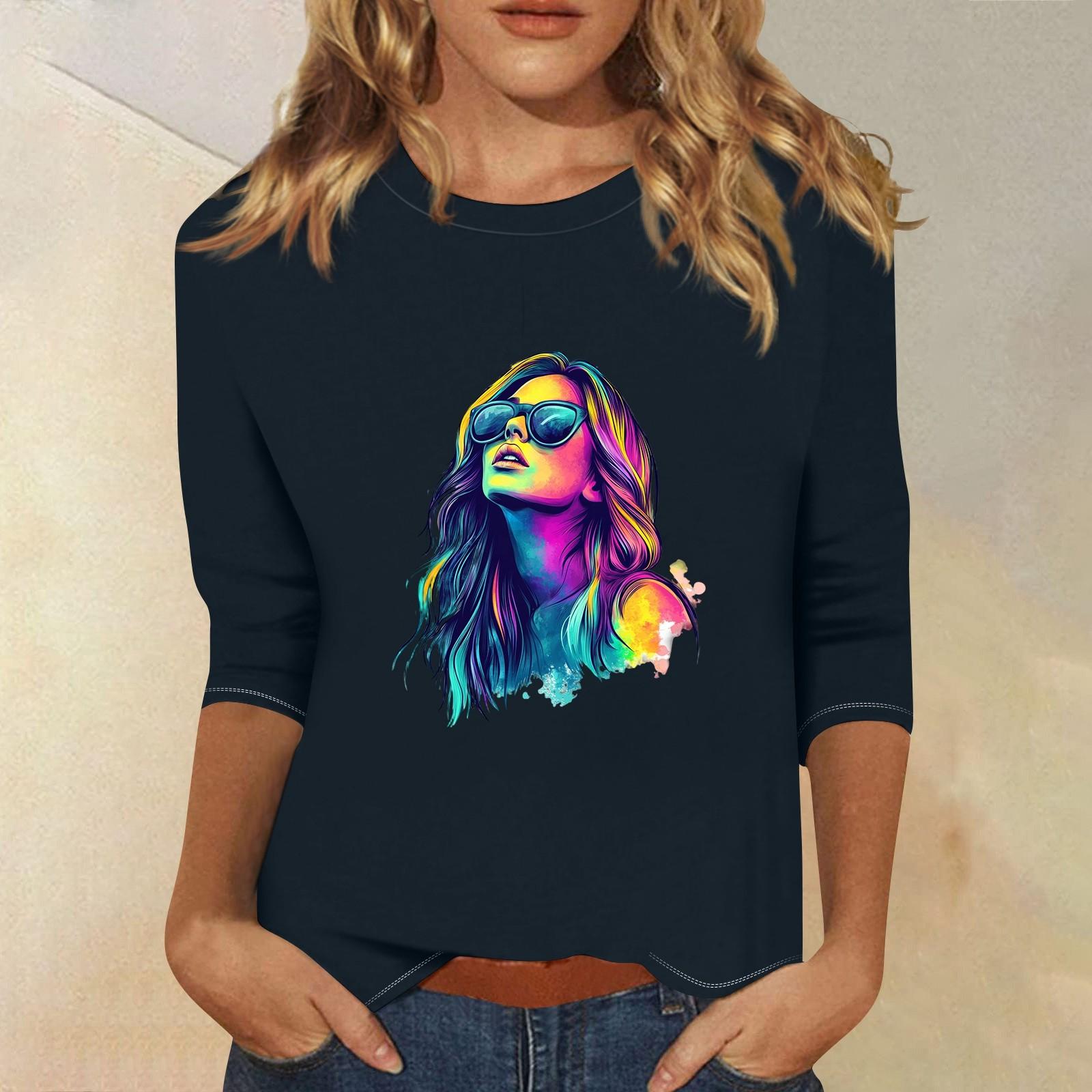 

3/4 рукава топы для женщин футболка повседневные принты топы футболка круглый вырез пуловер блузка M тёмно-синий