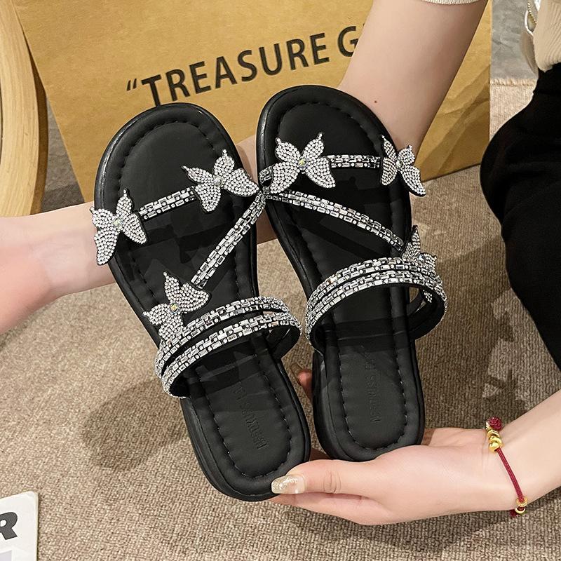 With Skirt Fashion Sandals Women's Summer Spring New Flat-bottomed Bow Flip-flops Fairy Wind Water Diamond Beach Slippers