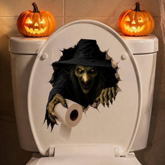 Removable Adhesive Toilet Clings Spooky Crack Ghost Tank Lid Sticker, Halloween Horror 3D Broken Wall Zombie Indoor Scene Setters Seat