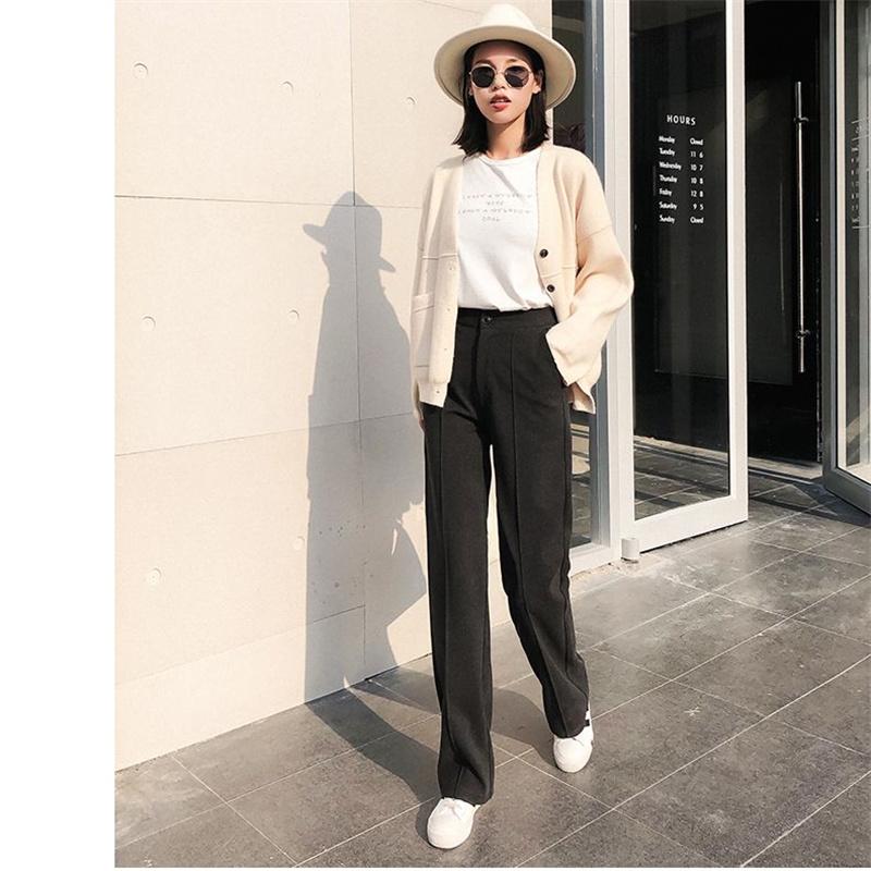 2022 Autumn Winter Womens Harajuku Fashion Thicking Warm Woolen Pants Female CasualStraight Trousers Ladies Loose Wide Leg Pants