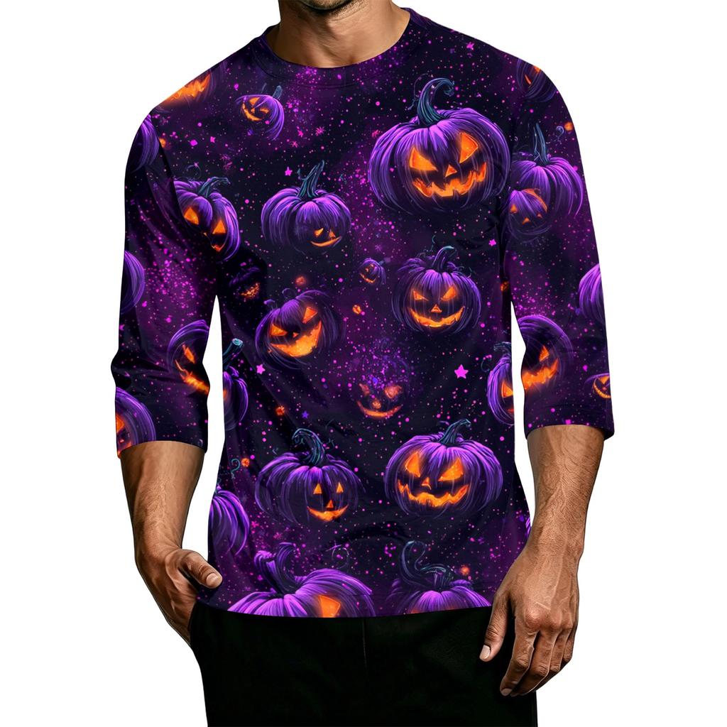 Men's Casual Halloween Print Crew Neck T Shirt Three Quarter Sleeve Top Lightweight Comfortable Fit for Daily Wear