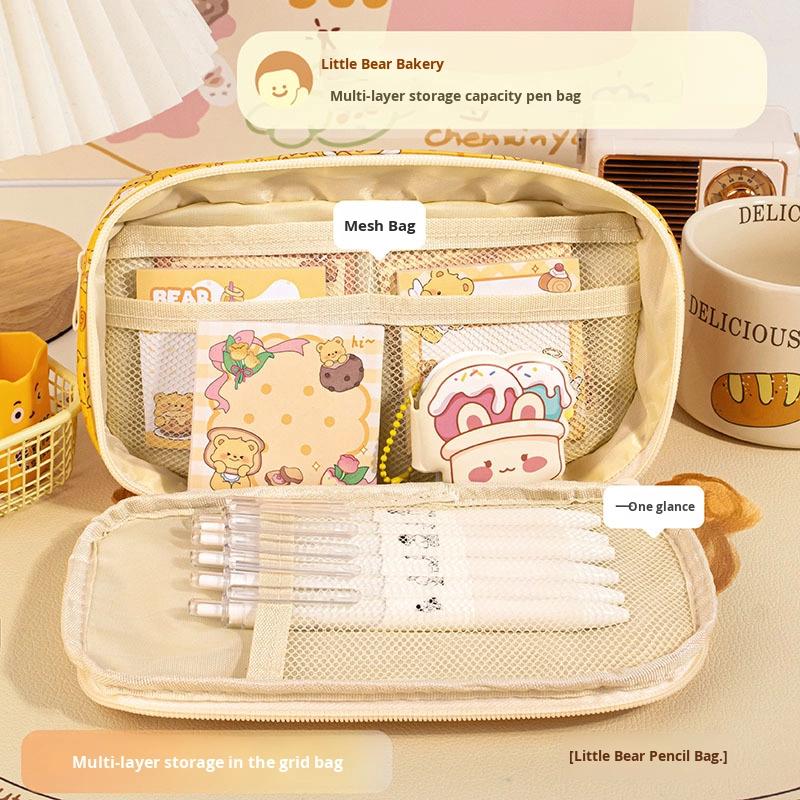 Large Capacity Multi-Layer Leather Pen Bag for Students Cute Bear Bakery Design New Girls Primary School Bag Oxford Pencil