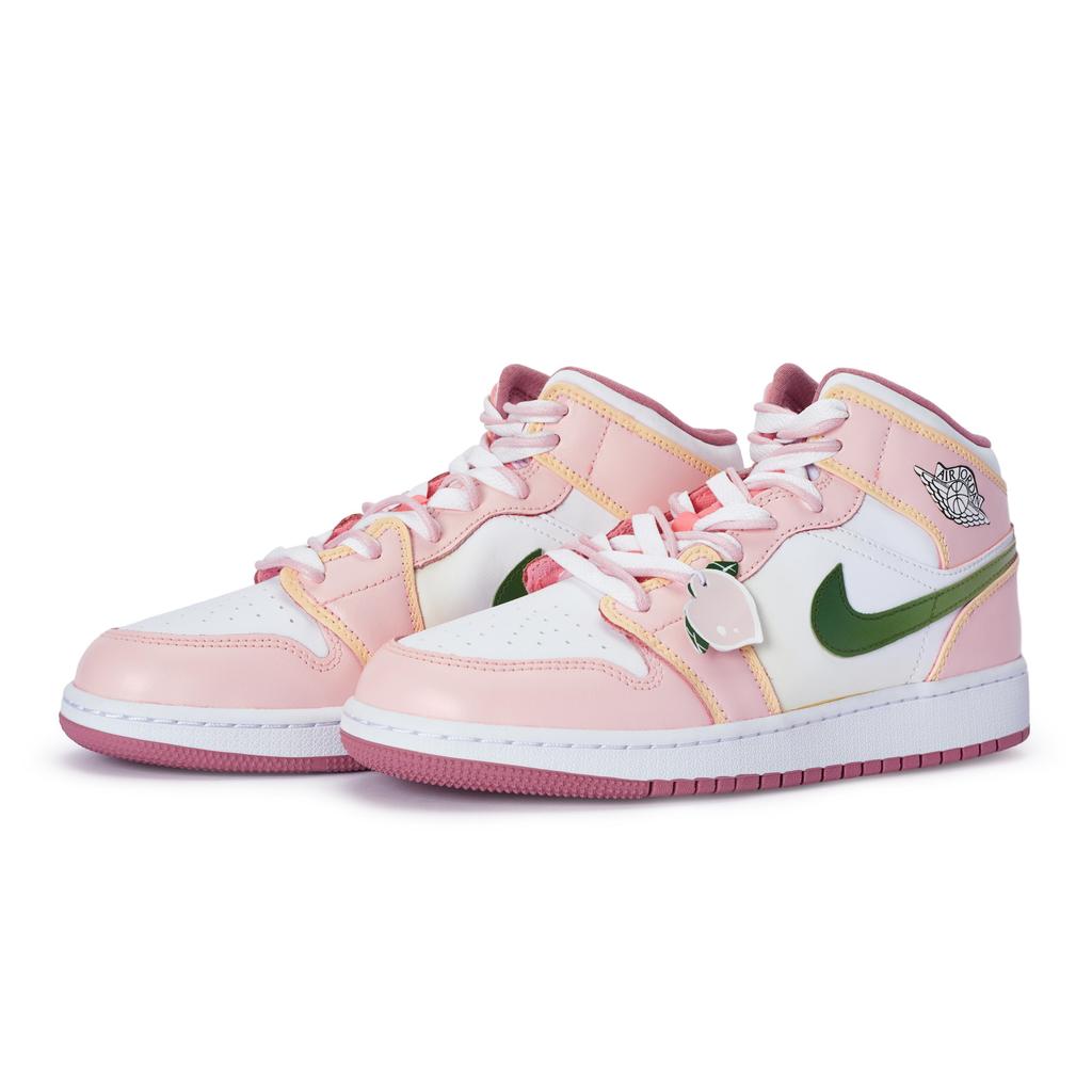 Jordan Air Jordan 1 811 Manufacturing, Peach Oolong Mid top Vintage Basketball Shoes GS Pink White Green DQ8423-616(Team80-)
