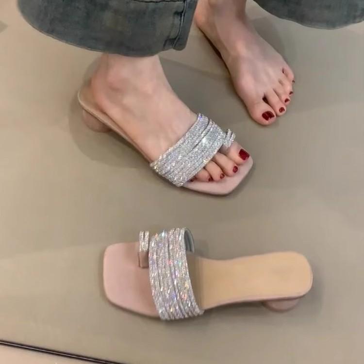 Sheepskin version~ Rhinestone slippers femininity gentle open-toed square head cool slippers high heels