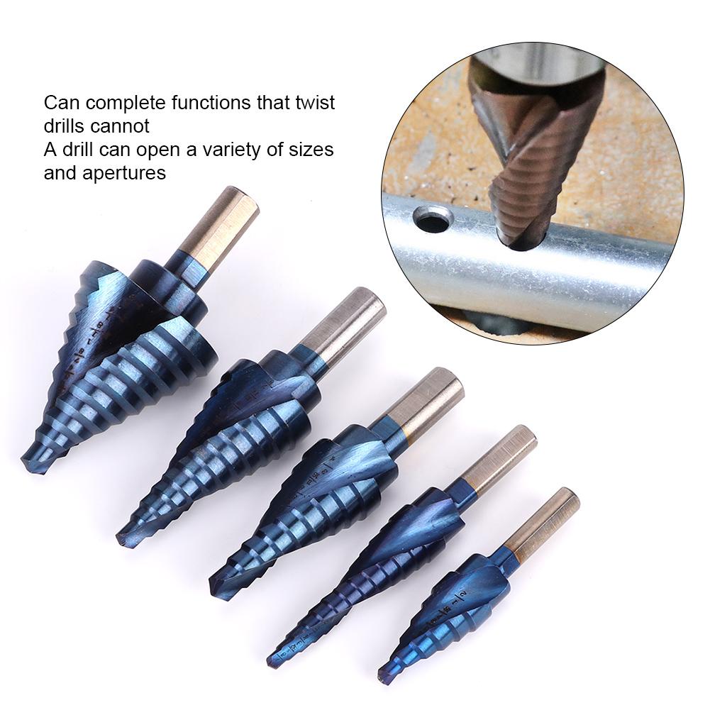 Set de burghie în trepte cu 5 bucăți, tijă triunghiulară, canelură spiralată, placare, debavurare, scule de teşire