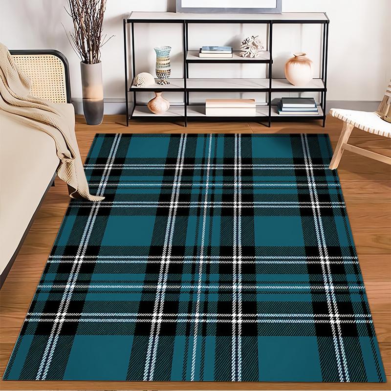 Modern Plaid Pattern Carpet, Blue and Black Decorative Area Rug Suitable for use as an anti-slip for living room bedroom sofas