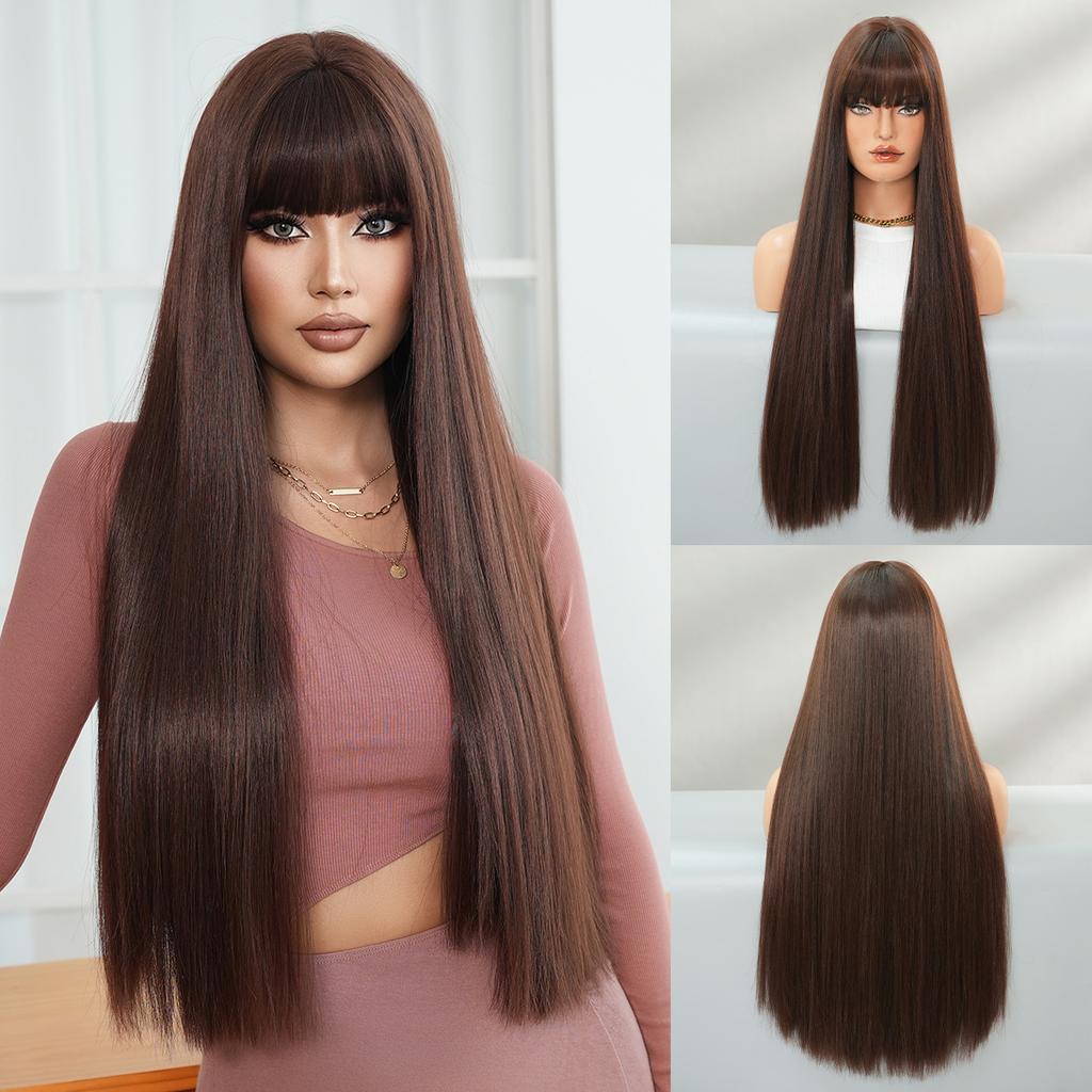 Multi Colored Optional Long Straight Hair With Bangs Wig Women's Full Head Set Natural Synthetic Matte High-temperature Silk