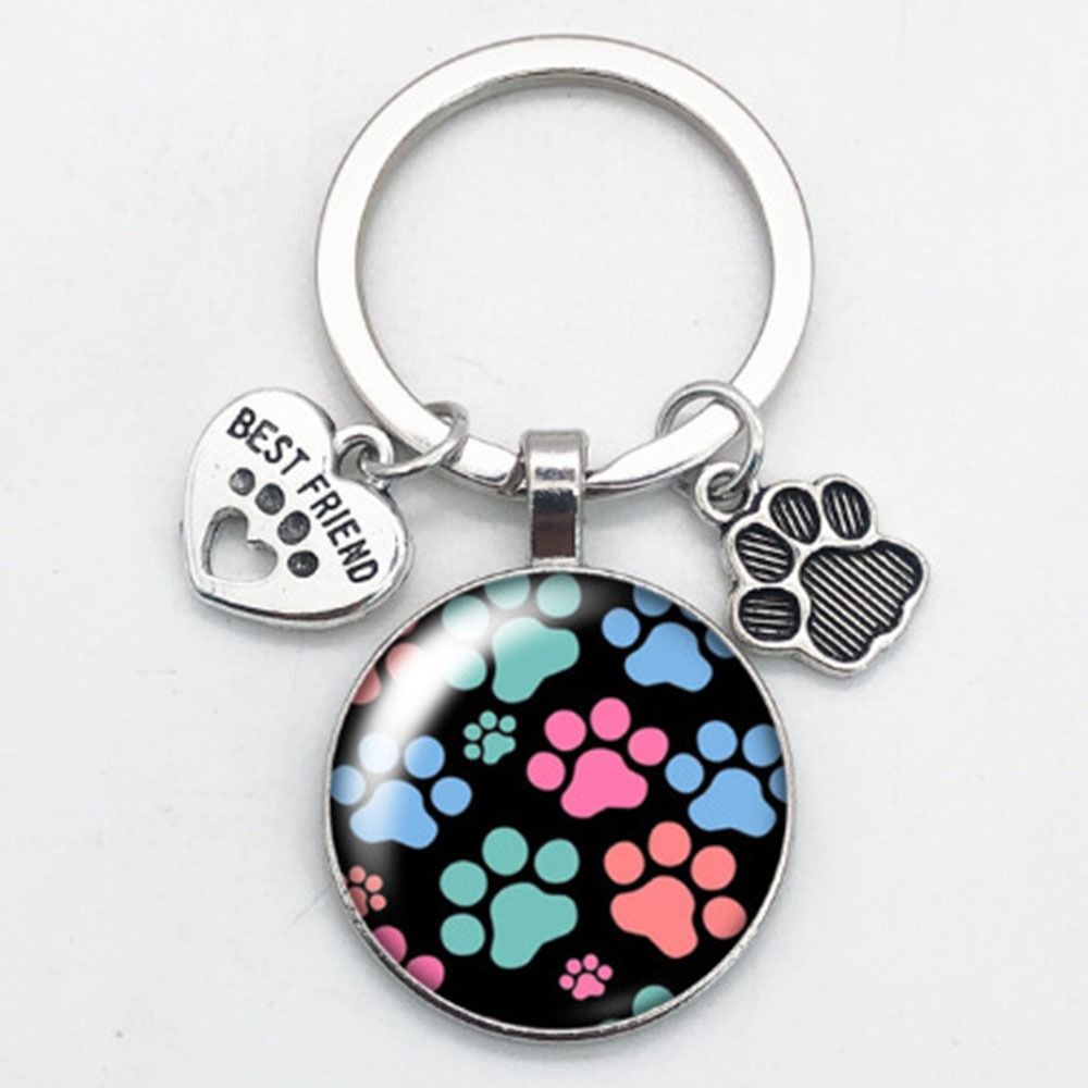 Love Cat Pet Footprints Car Key Chain Cartoon Key Holder Fashion Glass Cabochon Key Ring  Men Women