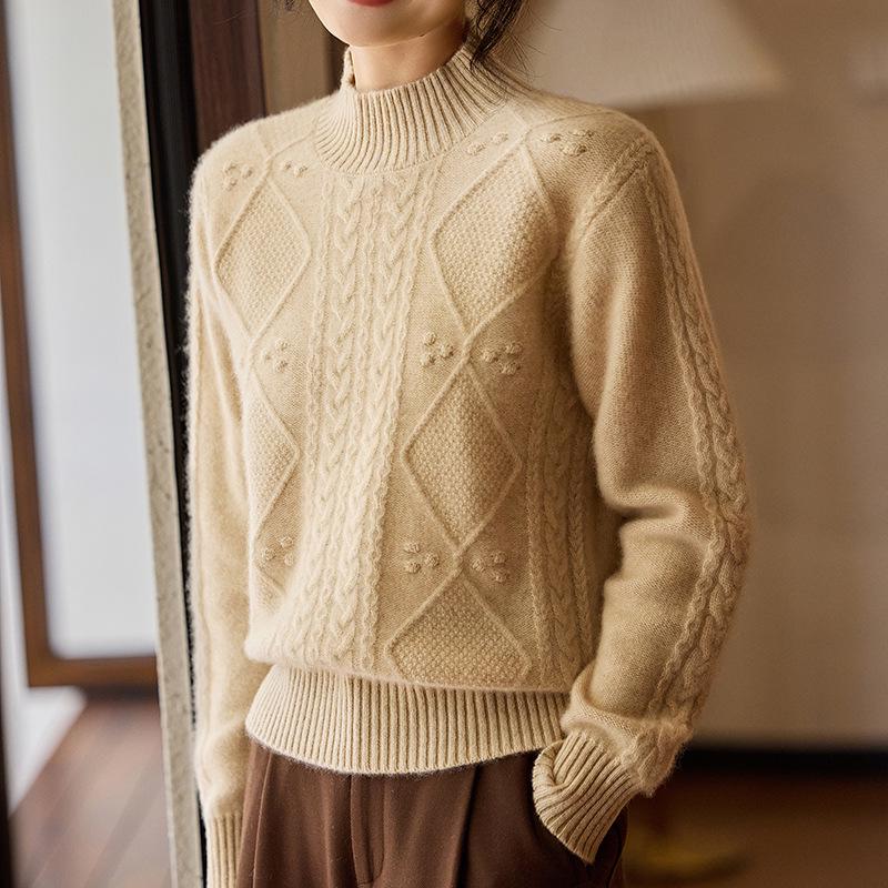 Women's Pure Wool Cable Knit Pullover - Thick Loose Half-High Collar Sweater for Spring and Autumn