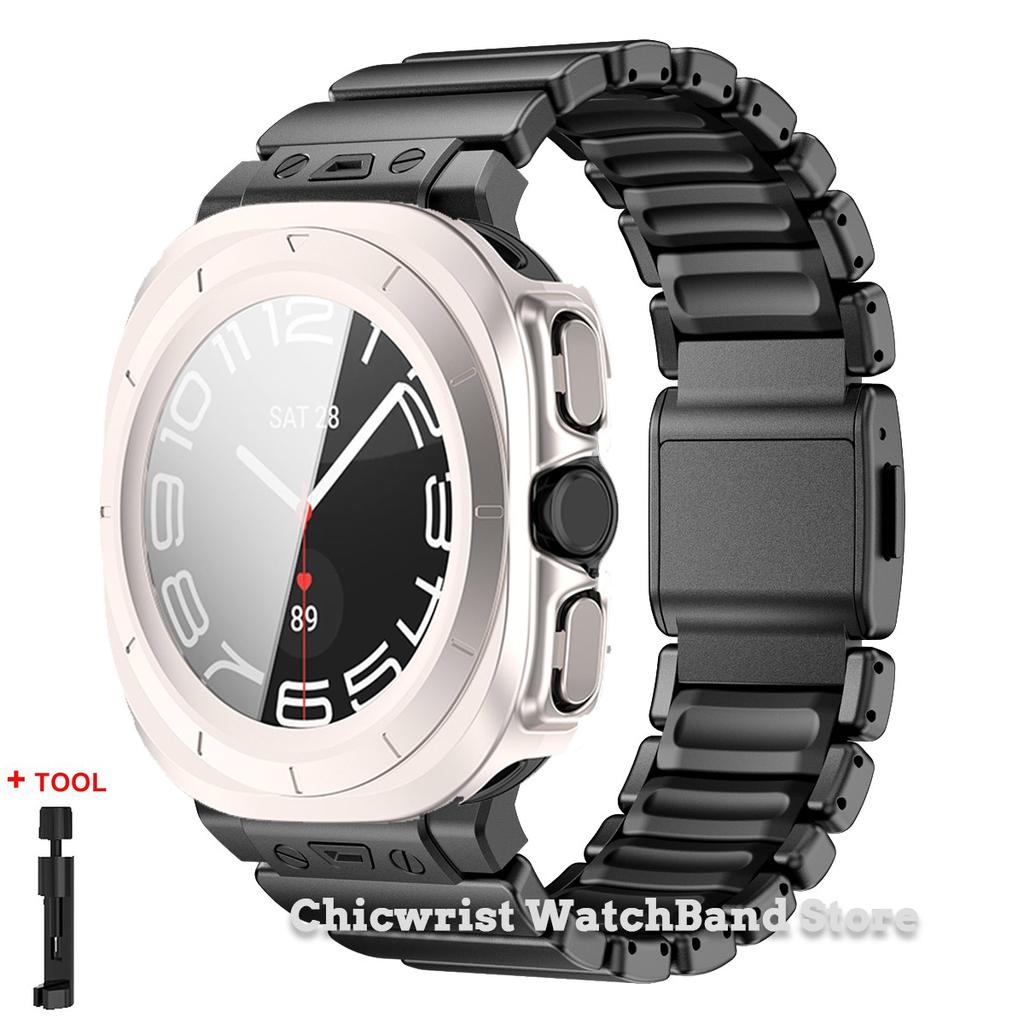 Armband+Hülle für Samsung Galaxy Watch Ultra 2025/7 ultra Edelstahl Gummiarmband Gehärtetes Glas Displayschutz Hülle aus Hart-PC