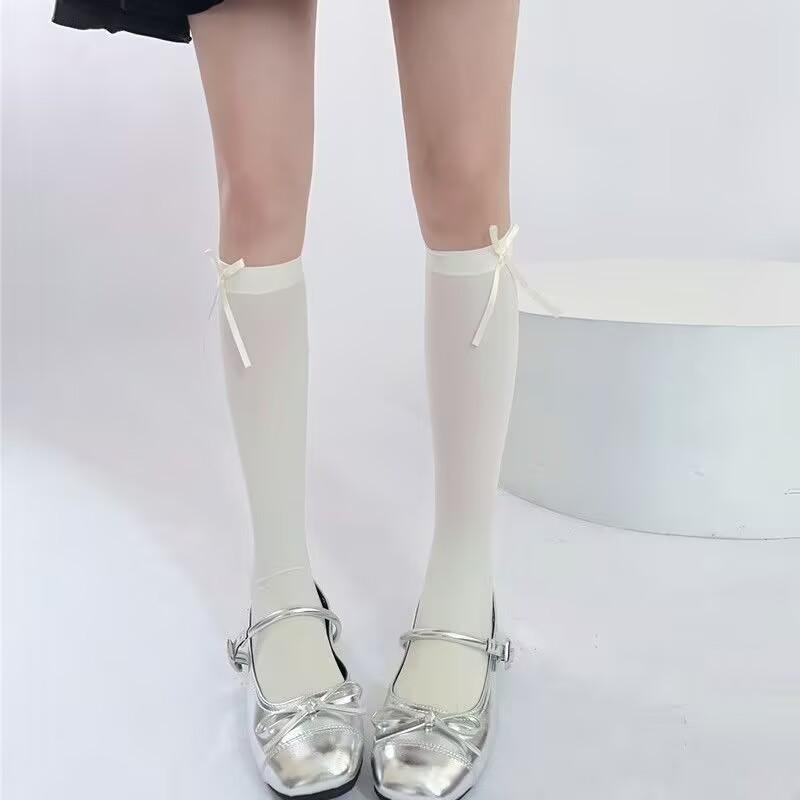 Smoky Gray Over Knee Socks for Women Spring Summer Thin White Sheer Silk Stockings Sweet Bow High Thigh Long Black Stockings