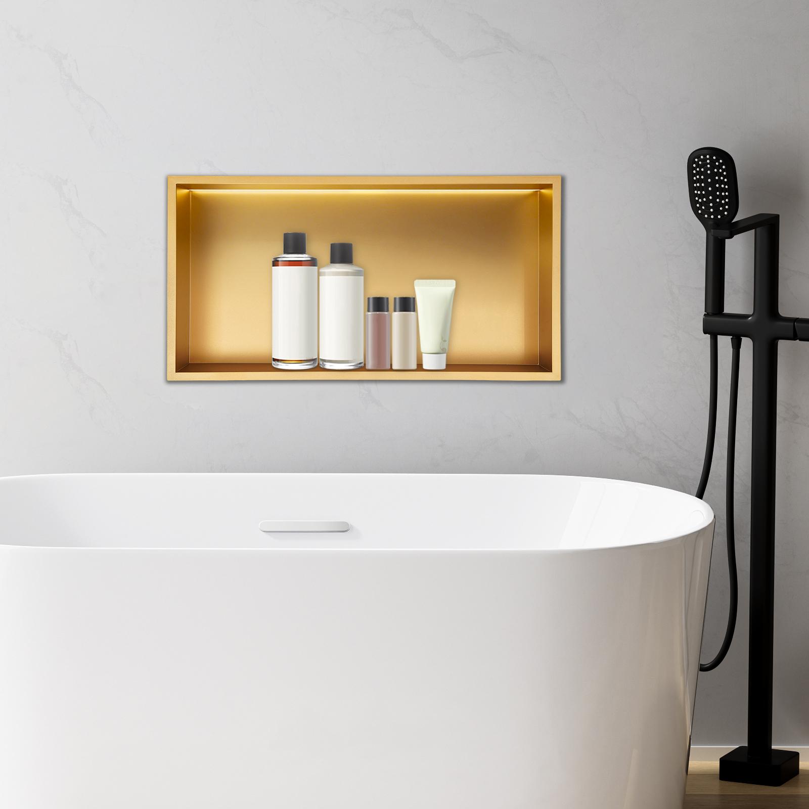 LED Shower Niche w/ Lights, 24x12 In Gold Bathroom Wall Niche, Built-in LED Light Strip & Transformer, Recessed Medicine Cabinet