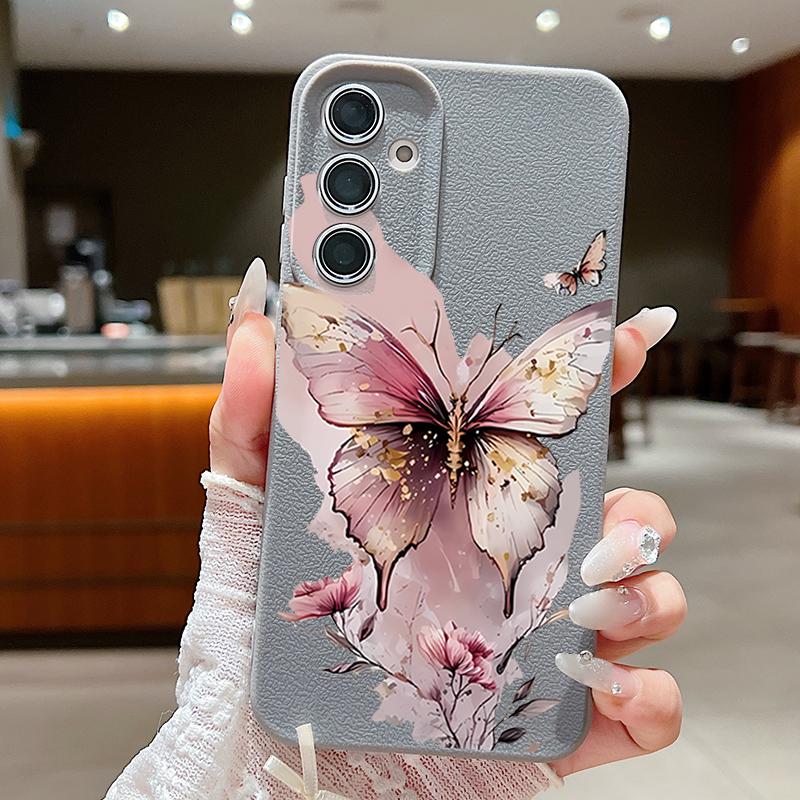 Pink Butterfly Watercolor Pattern Case For Samsung Galaxy A57 A56 A55 A54 5G A37 A36 A35 A34 A26 A25 A17 A16 A15 A14 Leather Texture Silicone Cover
