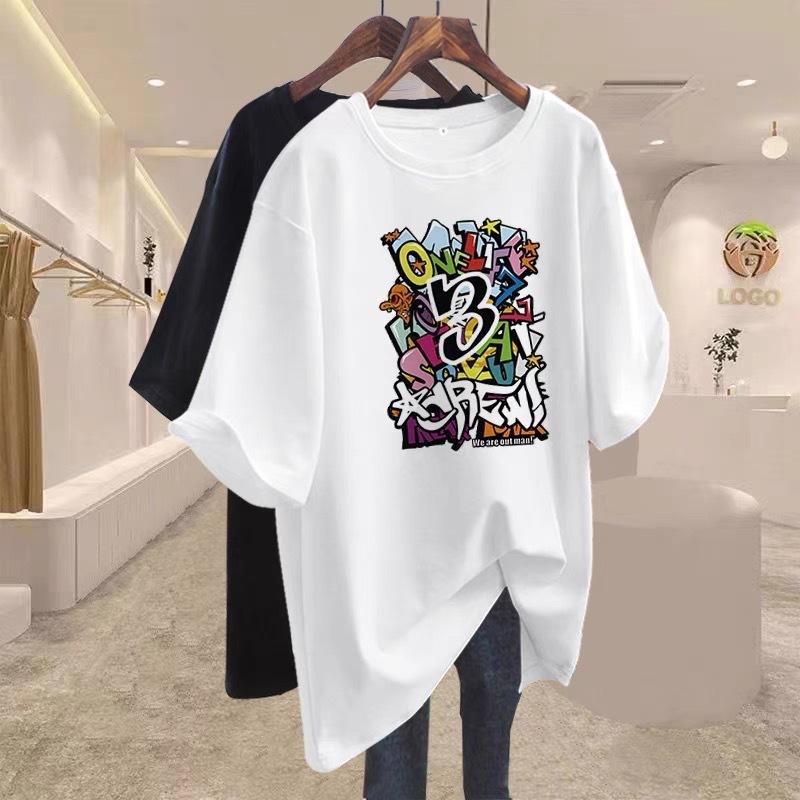 

Футболка из хлопка черного цвета средней и длинной длины с короткими рукавами для женщин, весна 2025, новый свободный топ большого размера S