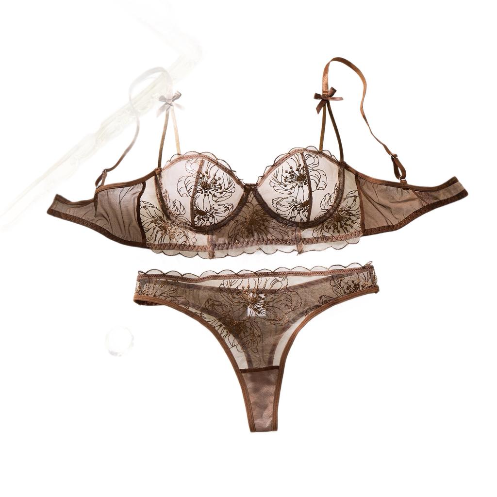 European and American Style Embroidered Mesh Erotic Underwear Set Perspective Flower Lace Bra Thong Pure Desire Wind Two-piece Set