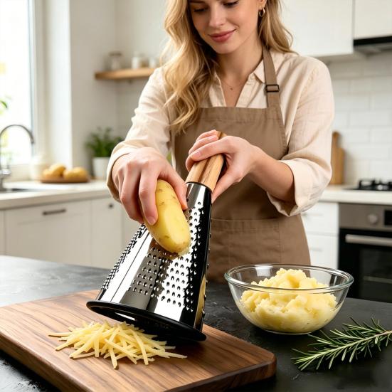 Vertical Cone Cheese Grater, Food Grade Stainless Steel Shredder for Parmesan, Wood Handle Vegetable Fruit Planer