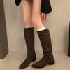 Fashion Autumn Winter Pleated Woman Knee-High Boots Fashion Pointed Toe Long Booties Street Style Square Heels Shoes