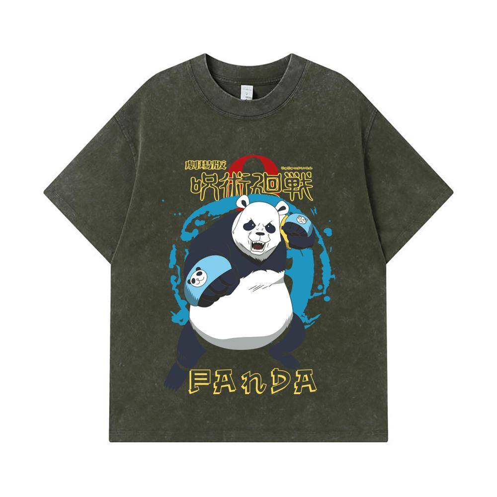275 GSM Washed T-shirts 100% Cotton Jujutsu Kaisen V62 Panda Print Unisex Heavy Cotton T Shirt