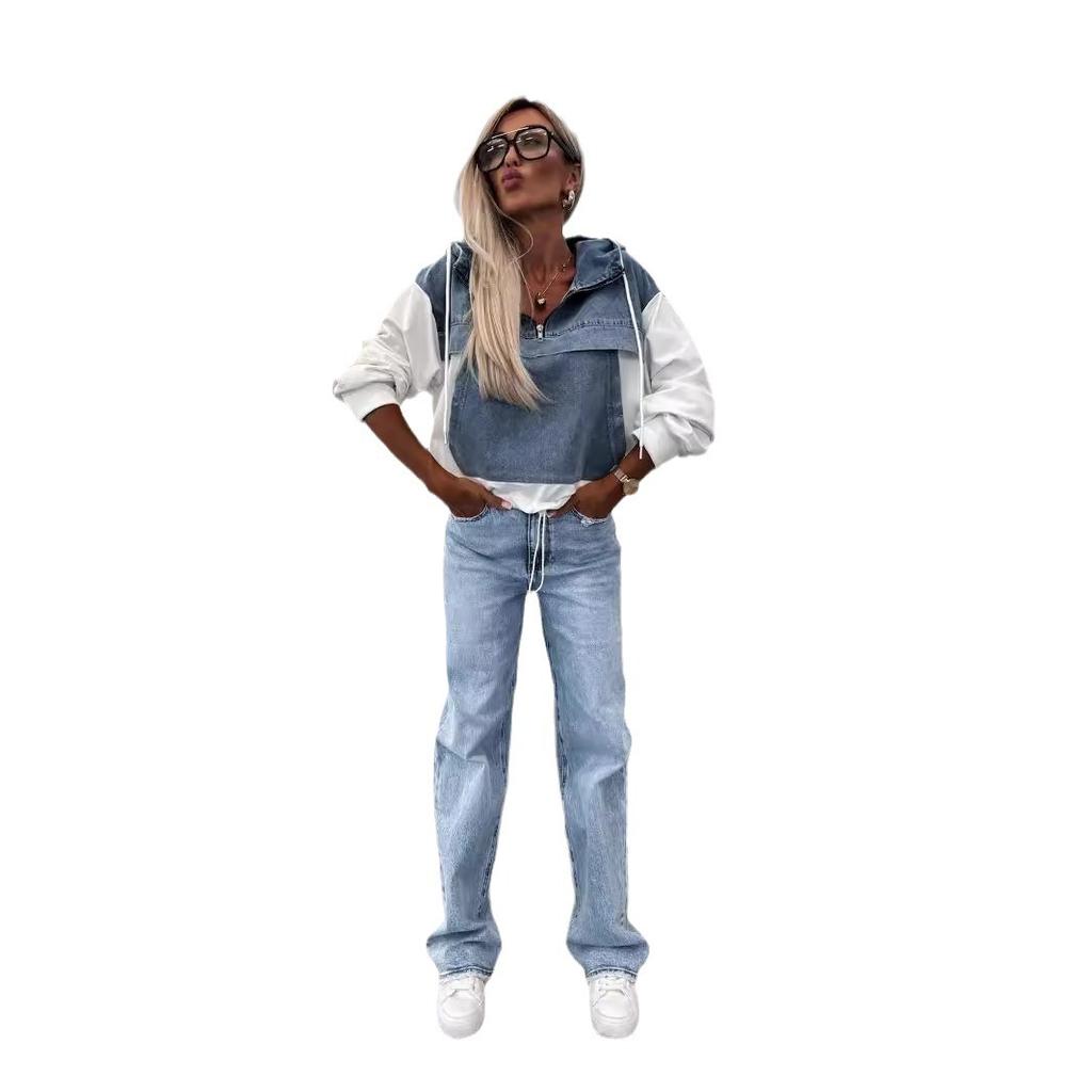 Felpe con cappuccio in denim lavato da donna, larghe, vintage, con cappuccio, pullover, top autunnali patchwork, felpa streetwear femminile