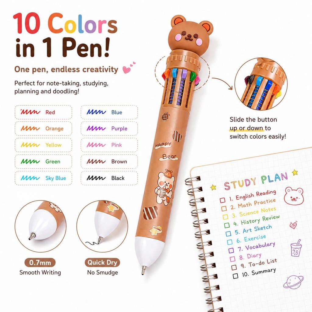 Cute Bear 10 Color Multicolor Ballpoint Pen, 0.7mm Kawaii Writing Pen for School, Journal, Planner, Office & Gifts