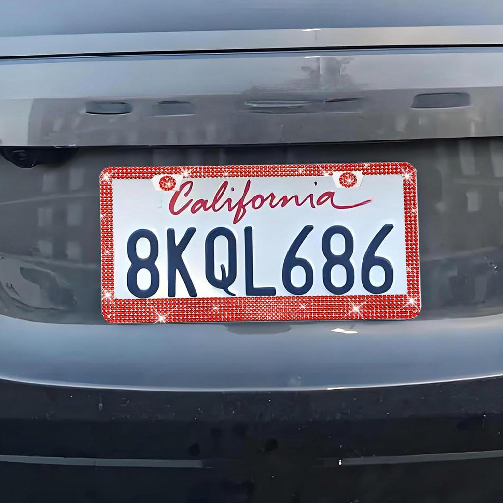 2PCS Bling Car License Plate Frame, Stainless Steel Rhinestone Vehicle License Plate Cover with Screws Caps, Sparkly Automotive Decoration
